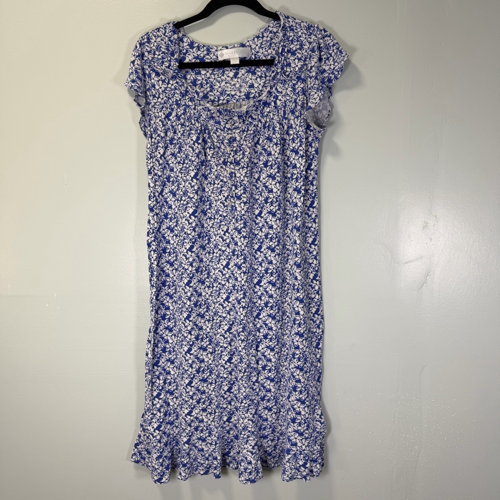 Eileen West Blue White Floral Modal Nightgown Short Sleeve‎ Ruffle Hem XS